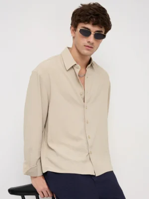 sand beige velour finish boxy fit crop shirt