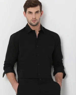 black stretch plain slim fit casual shirt