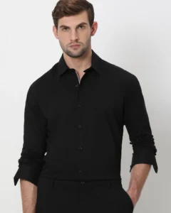 black stretch plain slim fit casual shirt