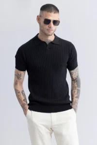 sleek striped black polo t shirt