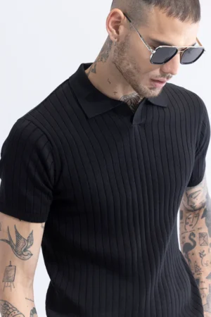 sleek striped black polo t shirt