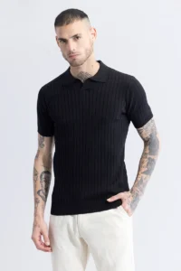 sleek striped black polo t shirt
