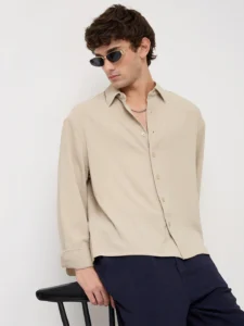 sand beige velour finish boxy fit crop shirt