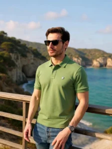 alan jones men solid polo neck cotton blend green t shirt