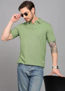 alan jones men solid polo neck cotton blend green t shirt