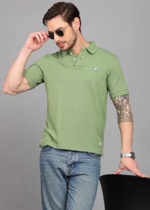 alan jones men solid polo neck cotton blend green t shirt