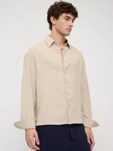sand beige velour finish boxy fit crop shirt