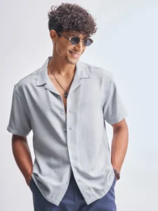 highlander men grey solid relaxed fit casual shirt