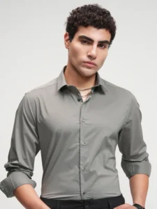 highlander men grey solid slim fit casual shirt