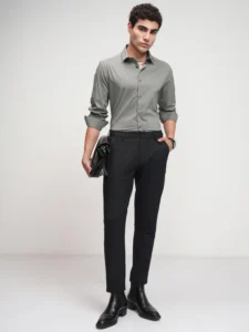 highlander men grey solid slim fit casual shirt