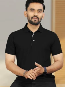vebnor men solid polo neck polyester black t shirt