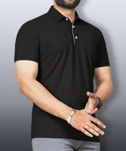 vebnor men solid polo neck polyester black t shirt