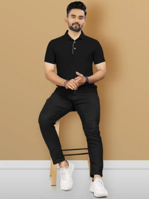 vebnor men solid polo neck polyester black t shirt