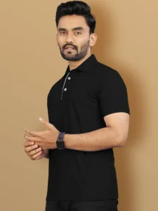 vebnor men solid polo neck polyester black t shirt